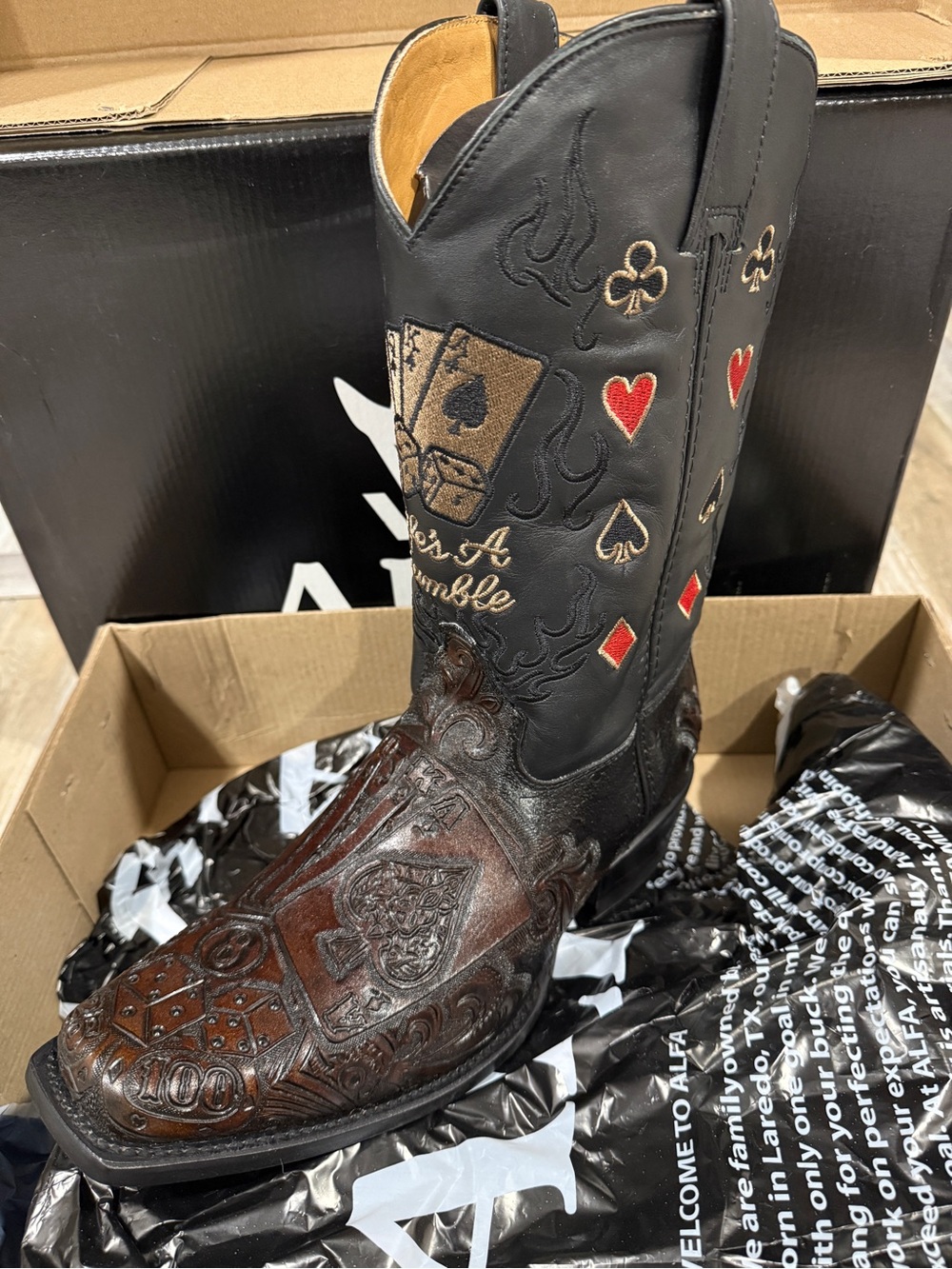 Alfa Men's Black & Brown Embroidered Leather Western Boots Gamble theme